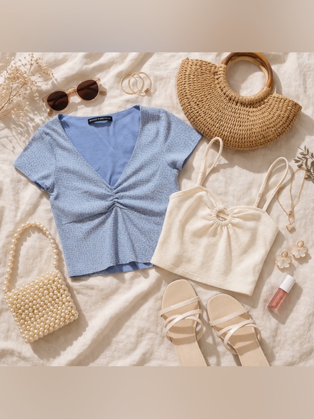 Brandy Ruched Floral Tee + AE Keyhole Crop Top Bundle –XS/S Y2K Cottage Core
